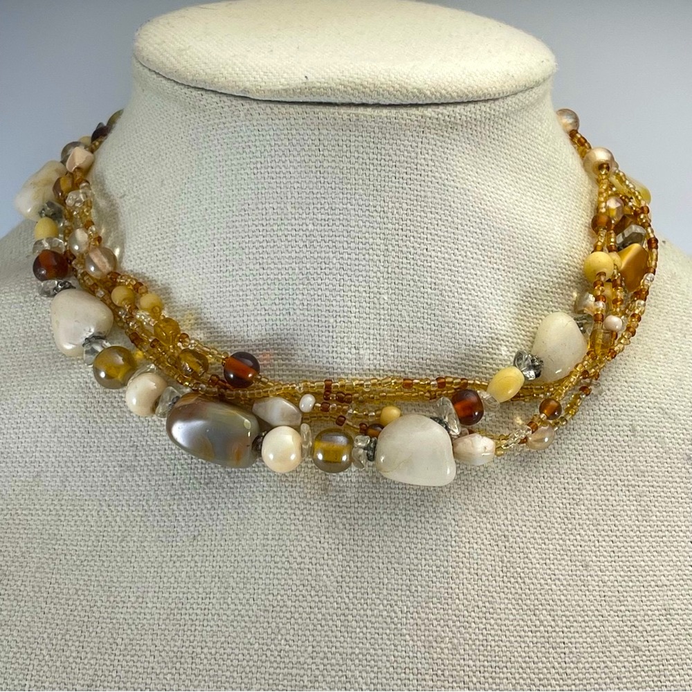 Necklace Gold Tone Agate Glass Seed Bead Beaded Boho Statement Classic Gemstone